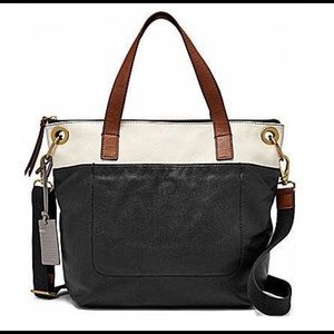 Fossil “keely” leather tote bag black white purse